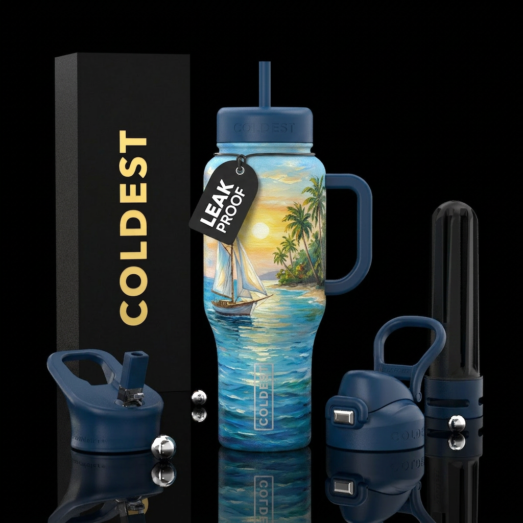 Oil painting of sail boat sailing past a tropical ... water bottle design