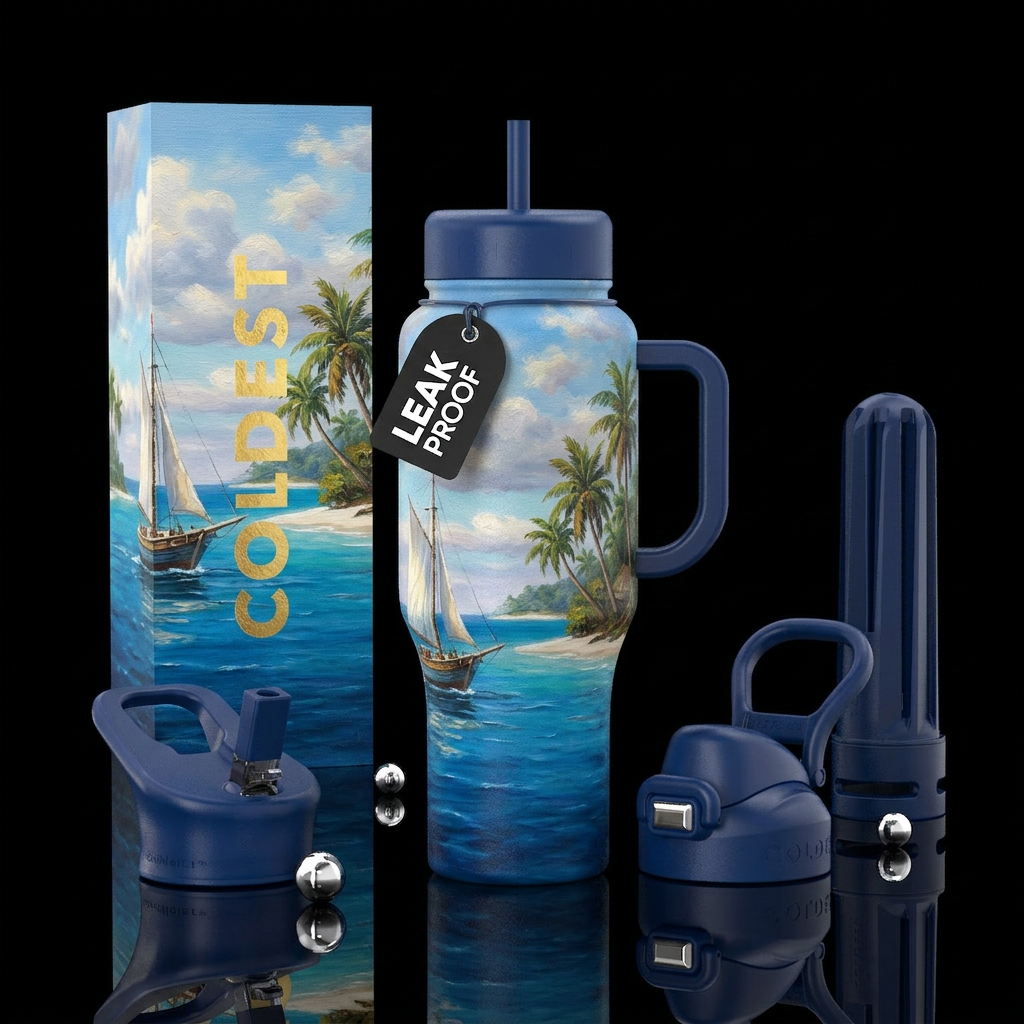 Oil painting of sail boat sailing past a tropical ... water bottle design