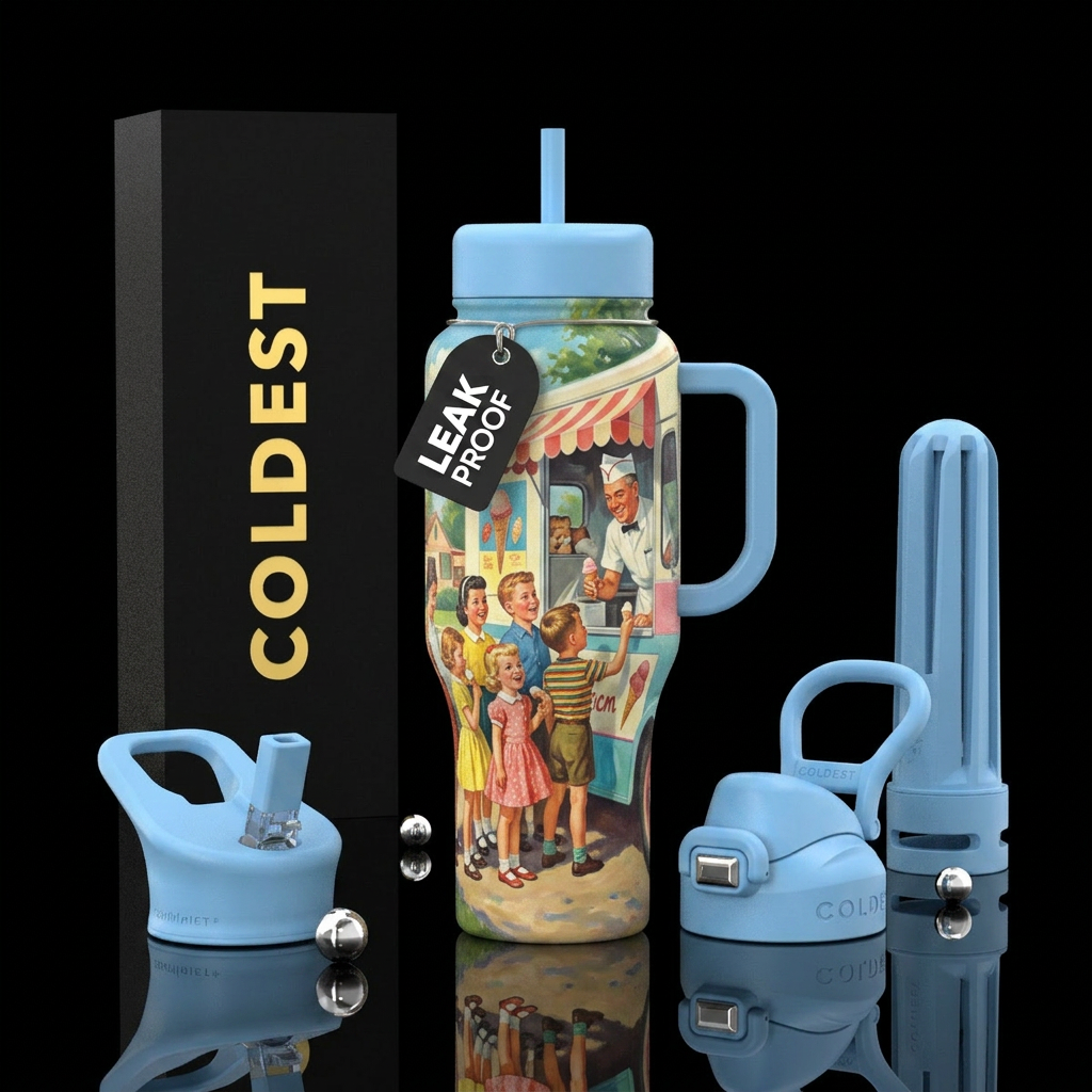 50s painting of children at an ice cream truck water bottle design