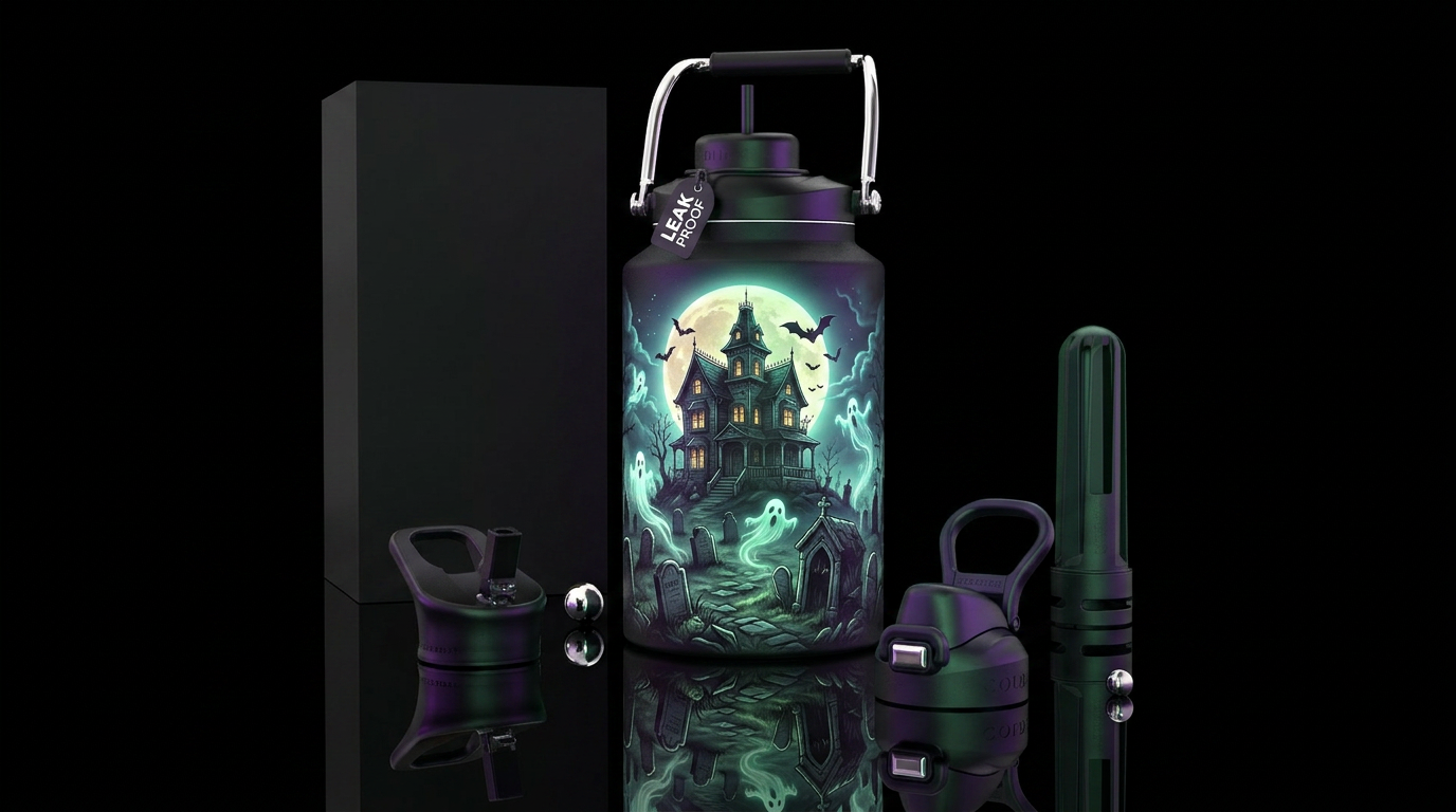 Haunted mansion with moon, bats. And  old graveyar... water bottle design