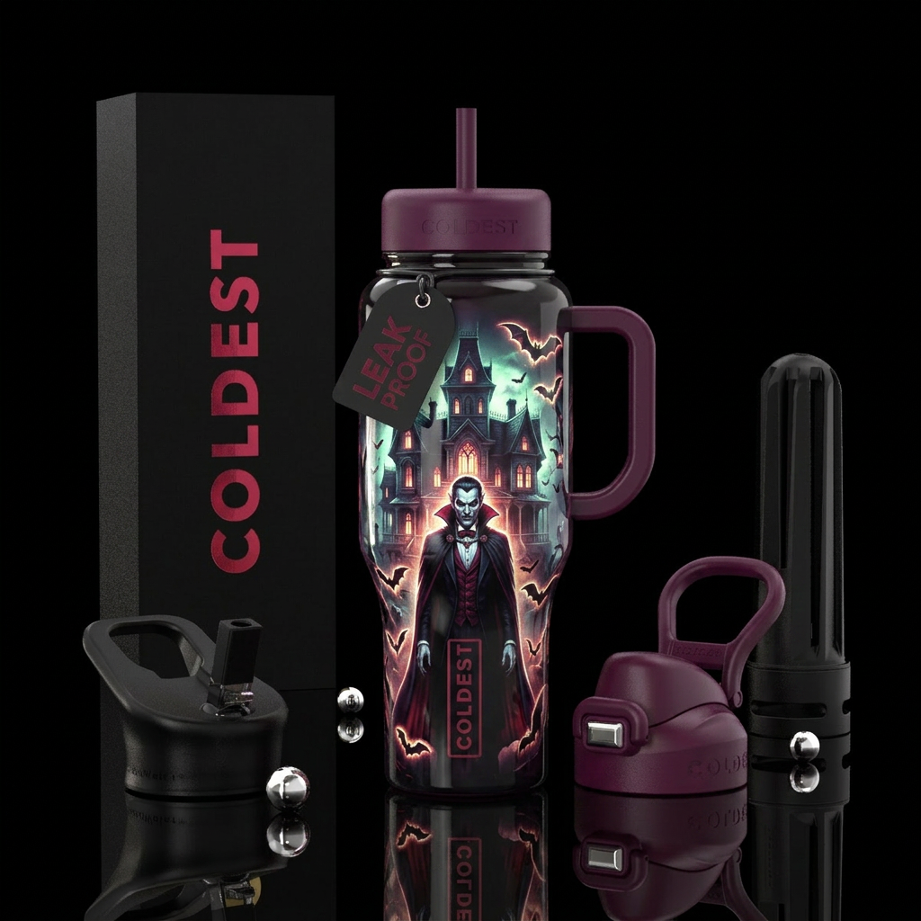 Dracula in front of haunted mansion with bats all ... water bottle design