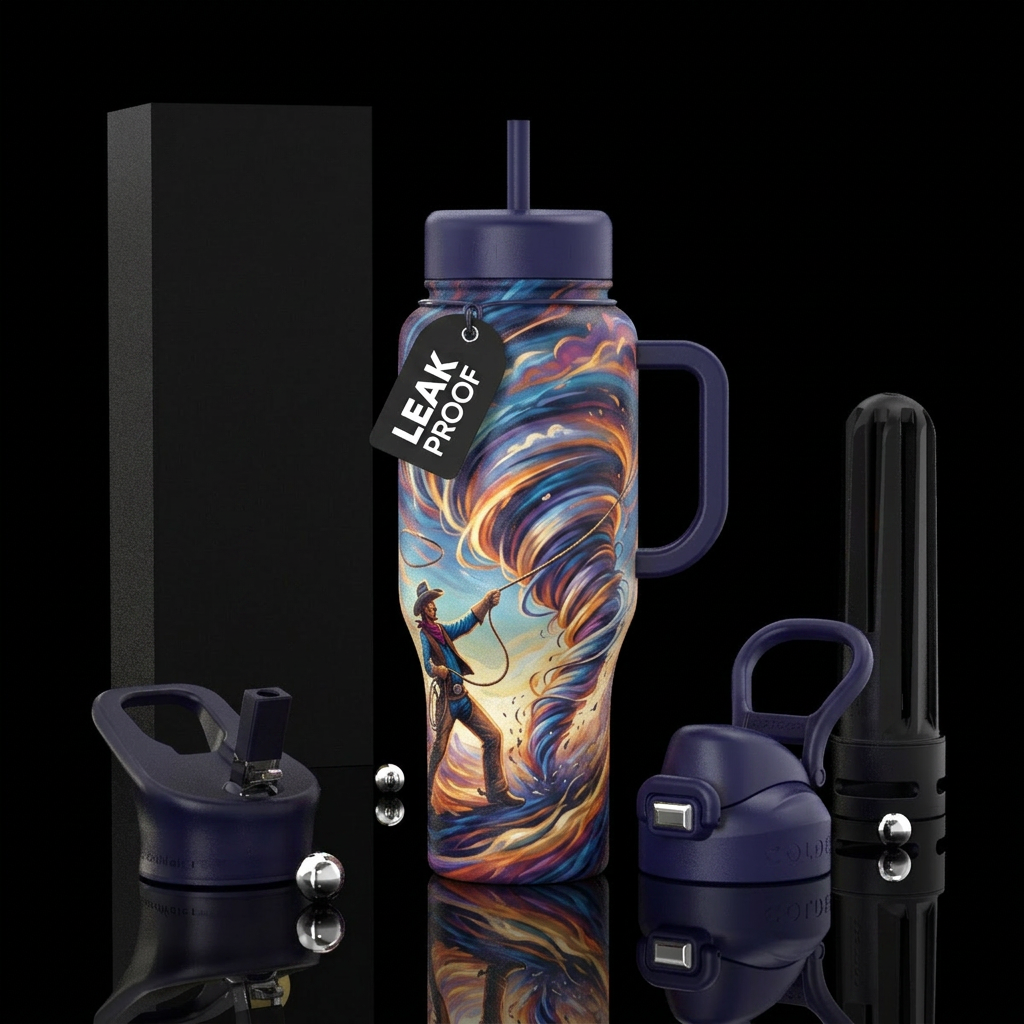 Pecos bill taming a cyclone water bottle design