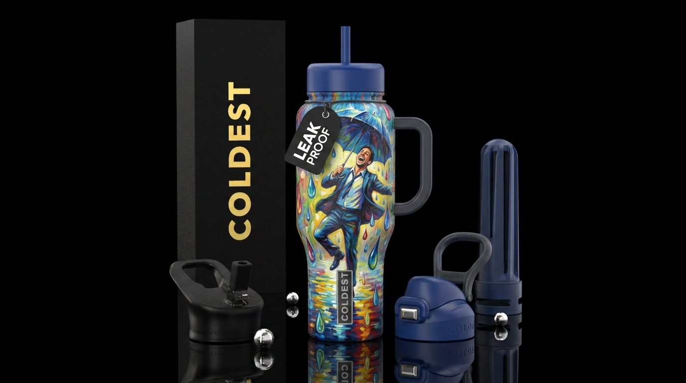 Painting of man singing in the rain water bottle design