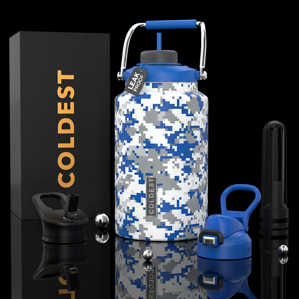 Digital winter camo water bottle design