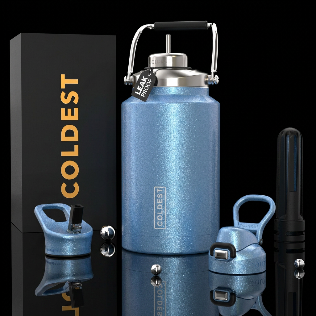 Textured glittery pearl blue water bottle design