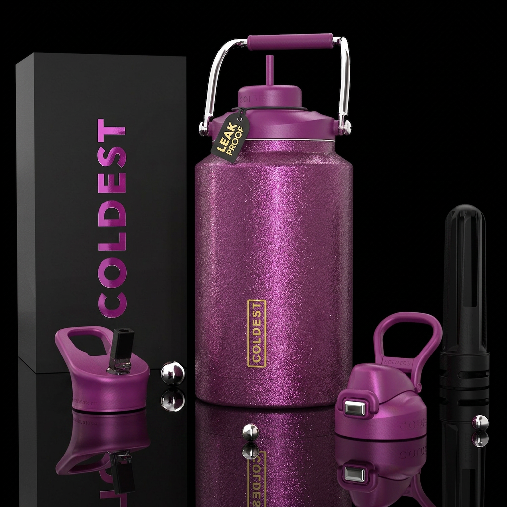 Textured glittery pearl plum water bottle design