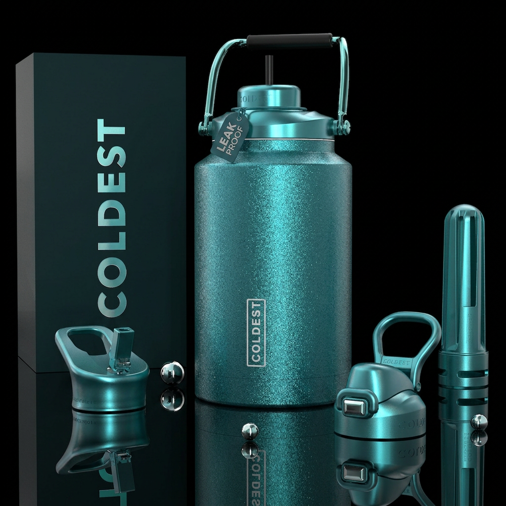 Textured glittery pearl teal water bottle design