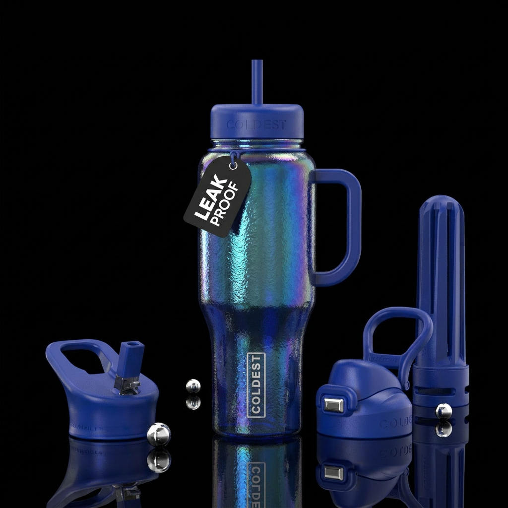 Shimmering blue carnival glass textured water bottle design