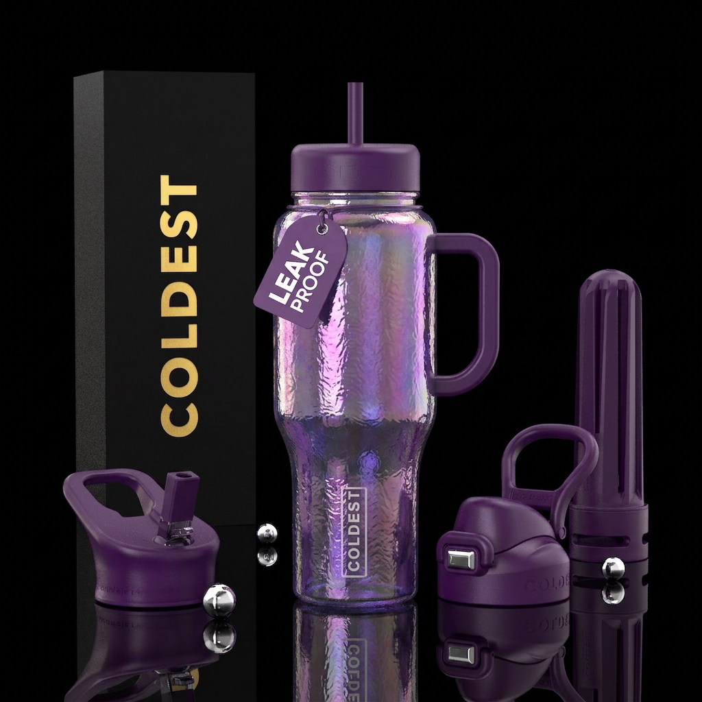 Shimmering purple carnival glass textured water bottle design