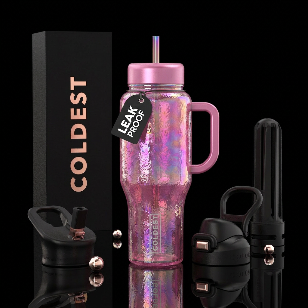 Shimmering pink carnival glass textured water bottle design