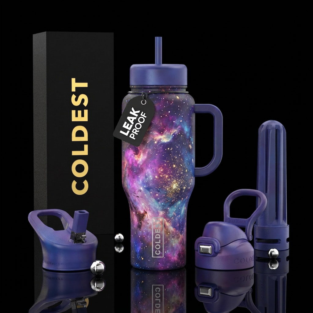 Tumbler is a multi colored nebula in space water bottle design