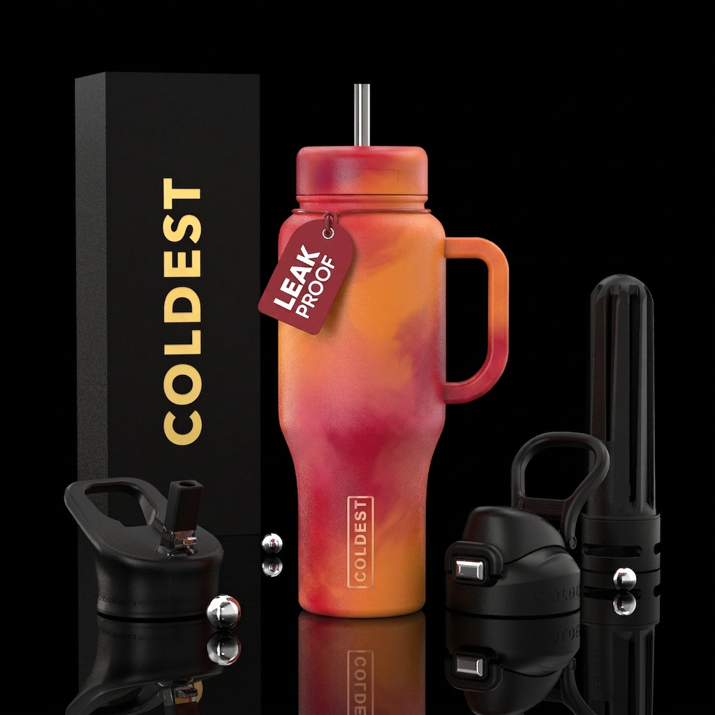 Tumbler is strawberry mango colored water bottle design
