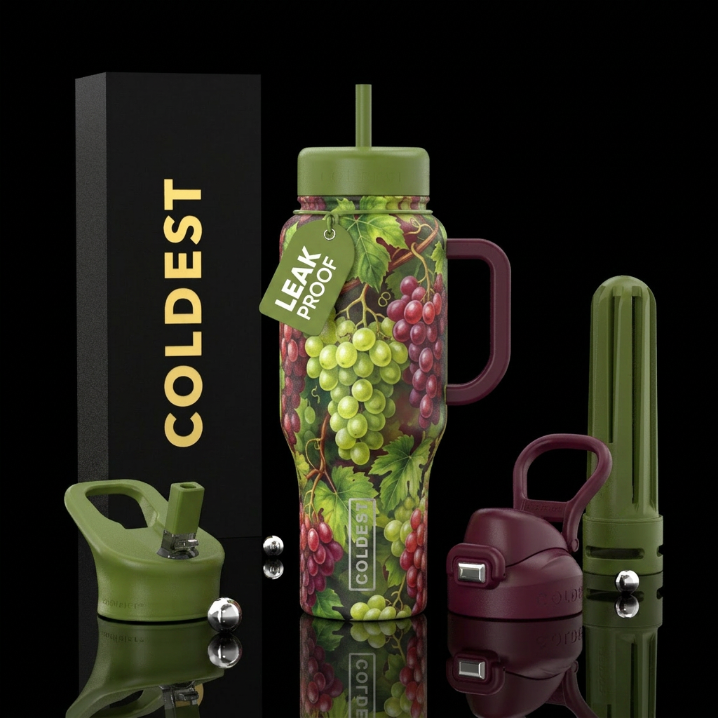 Tumbler is the color of green and red grapes water bottle design