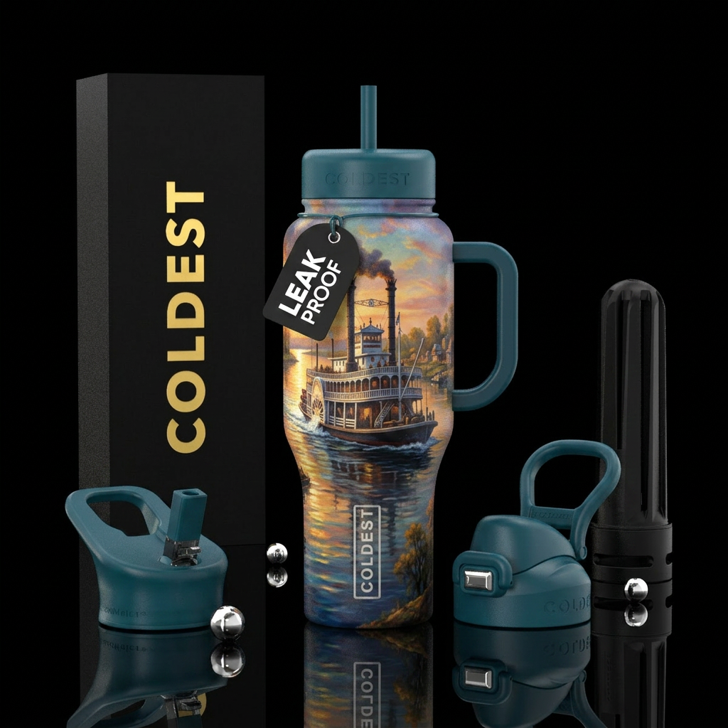 Tumbler is a painting of a stern wheeler paddling ... water bottle design