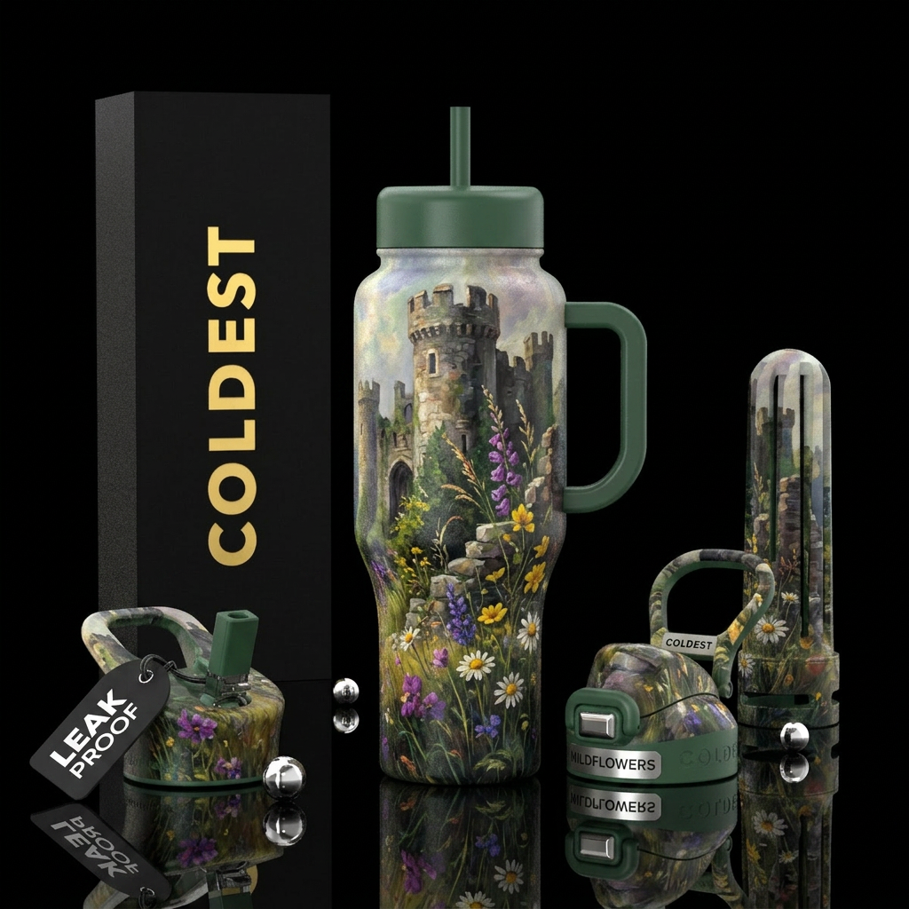 Painting of castle ruins with wildflowers springin... water bottle design