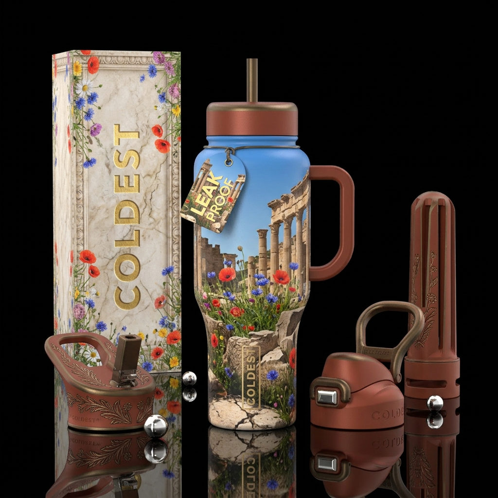 Roman ruins with wildflowers springing up water bottle design