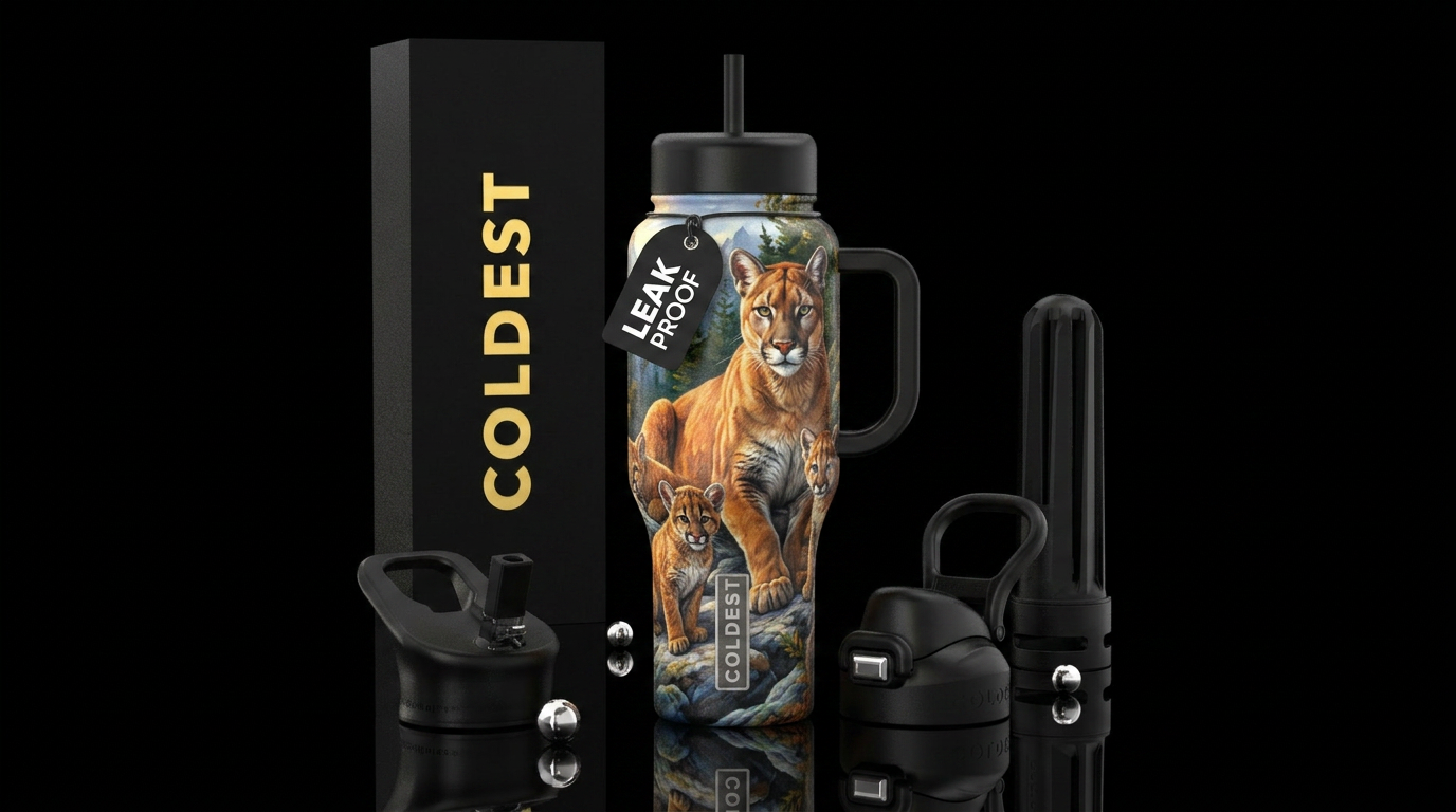 Mother mountain lion with cubs water bottle design