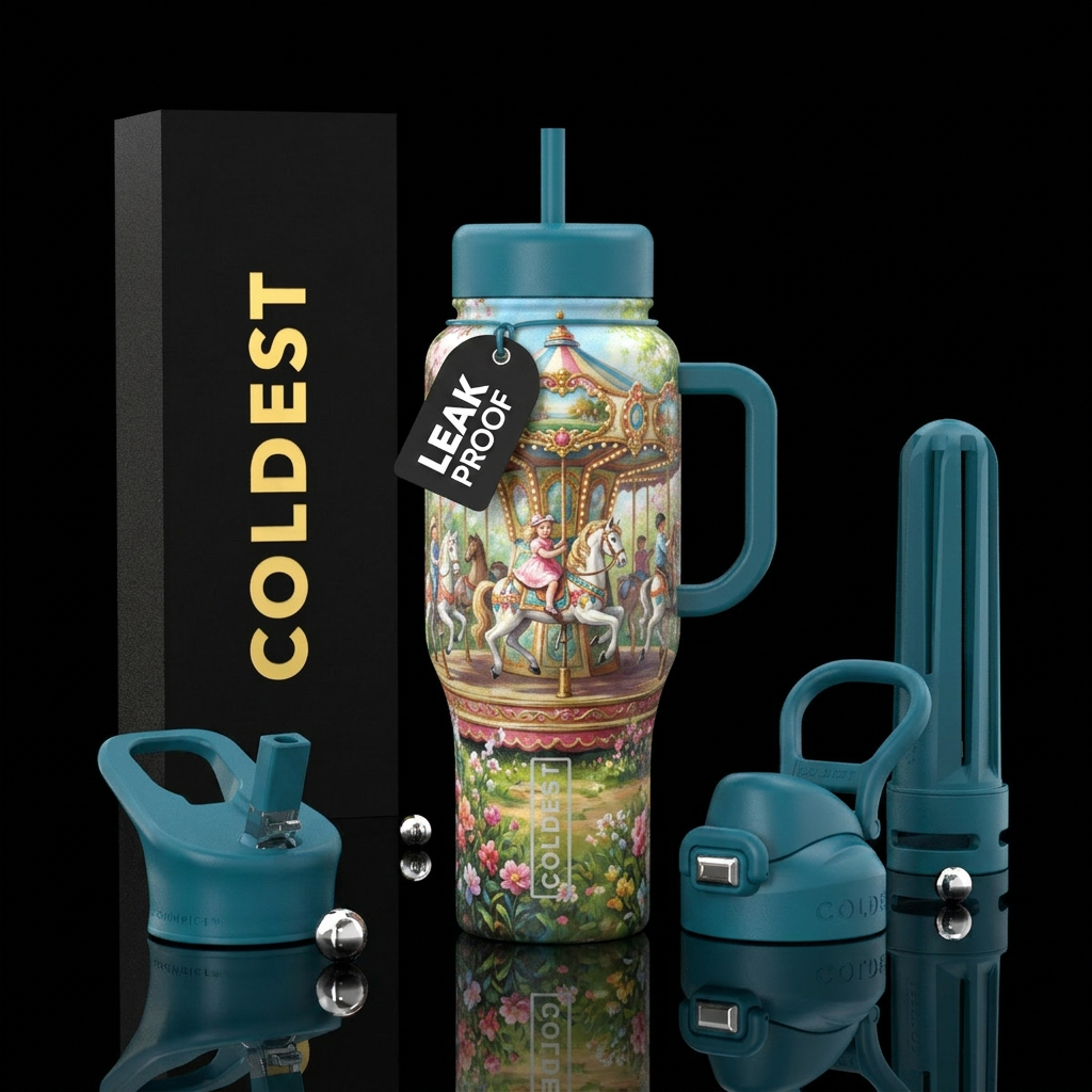 Painting of children on a carousel on the spring water bottle design