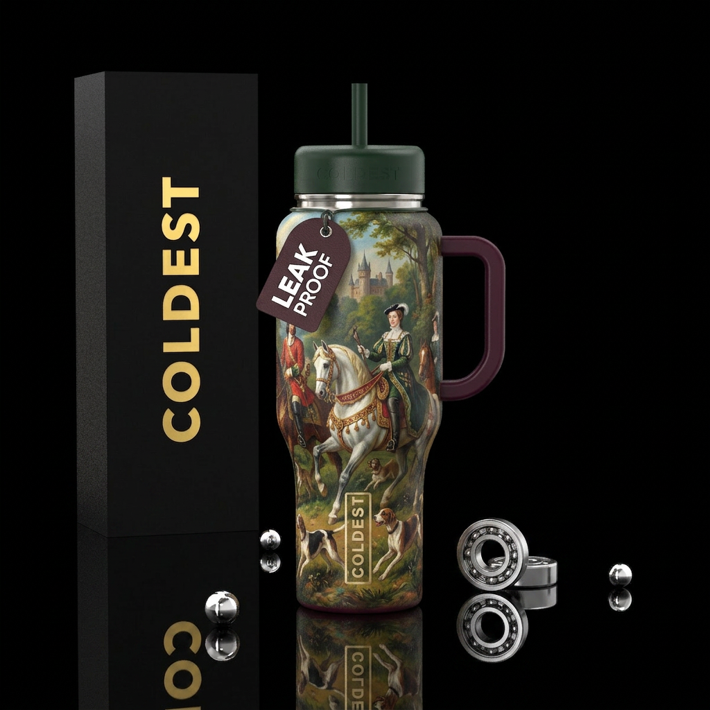Painting of royalty during a hunt on horseback water bottle design