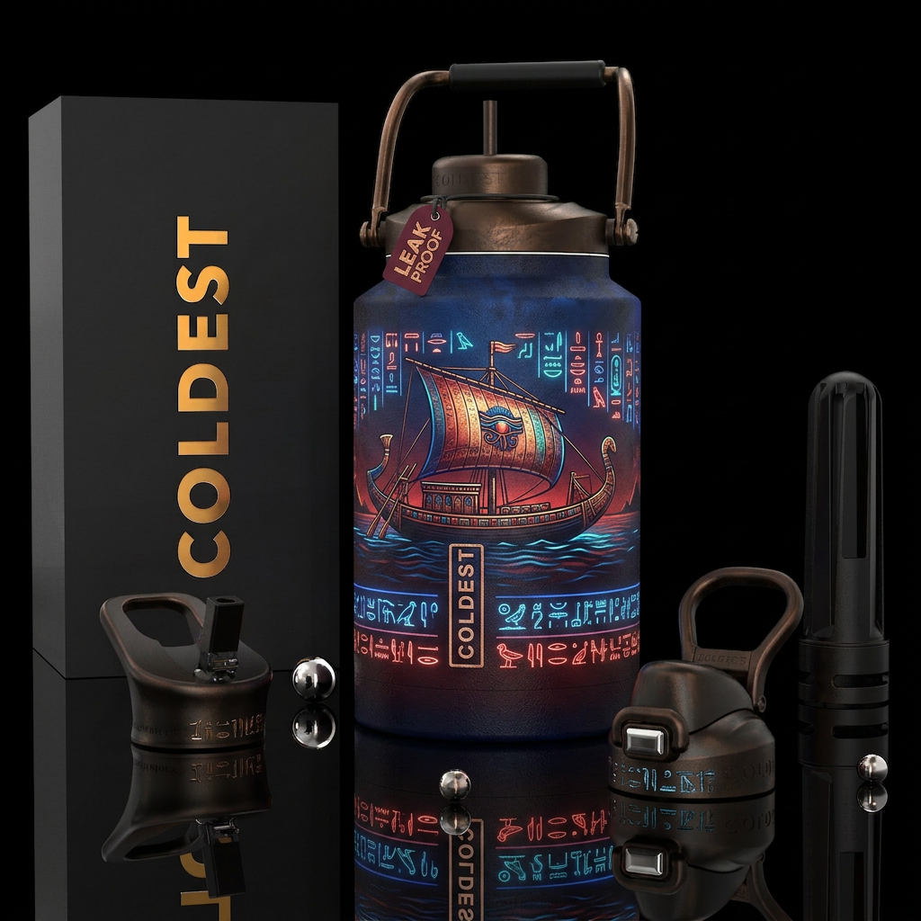 Egyptian royal sail barge with glowy heiroglyphics water bottle design