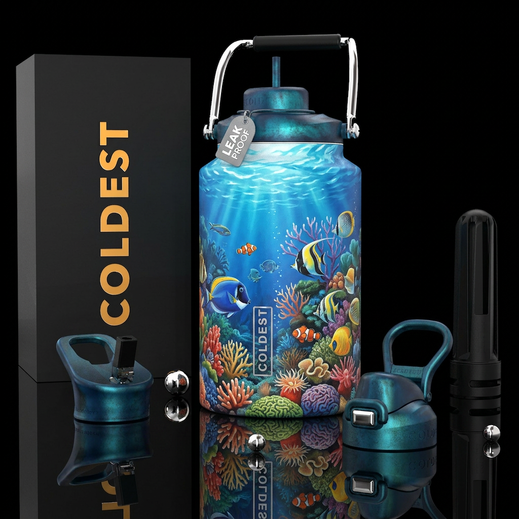 Painting of a Tropical reef full of sea life water bottle design