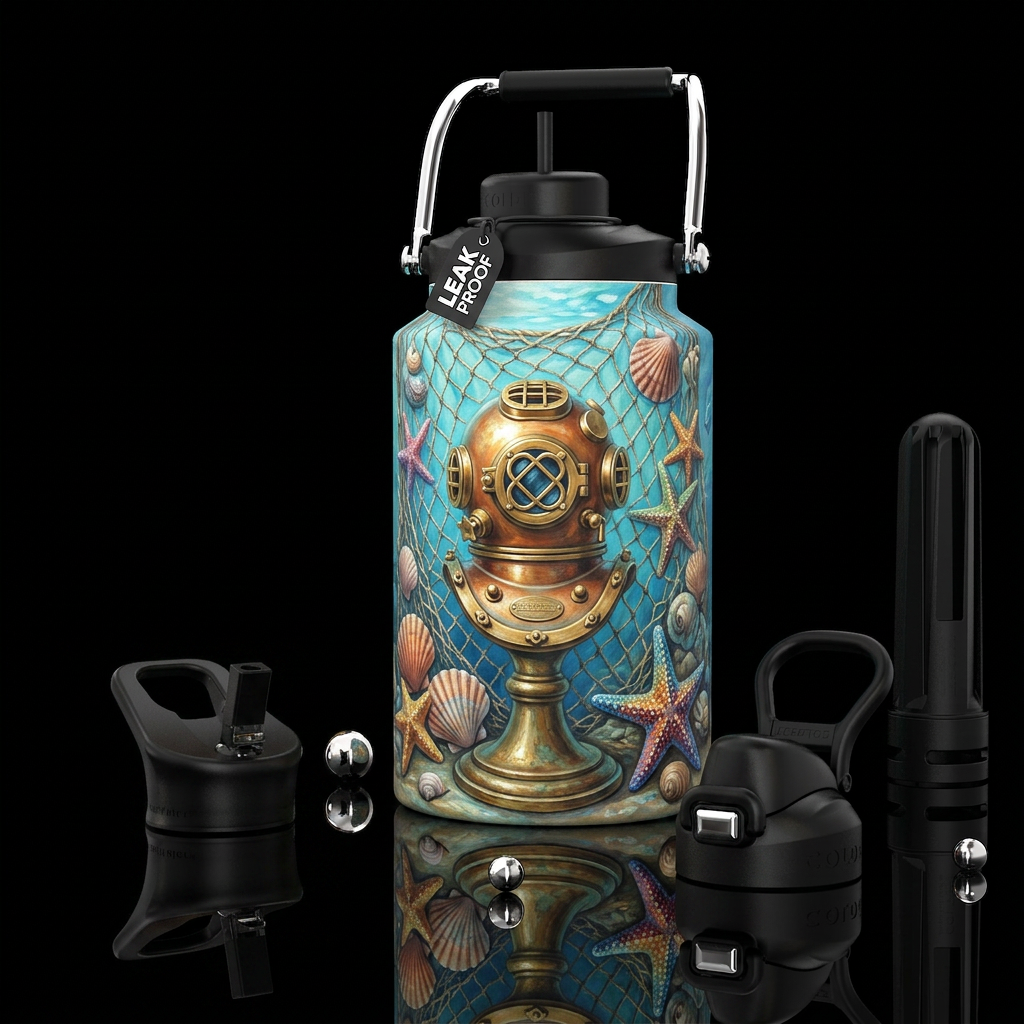 Painting of a decorative fish net with scallops an... water bottle design