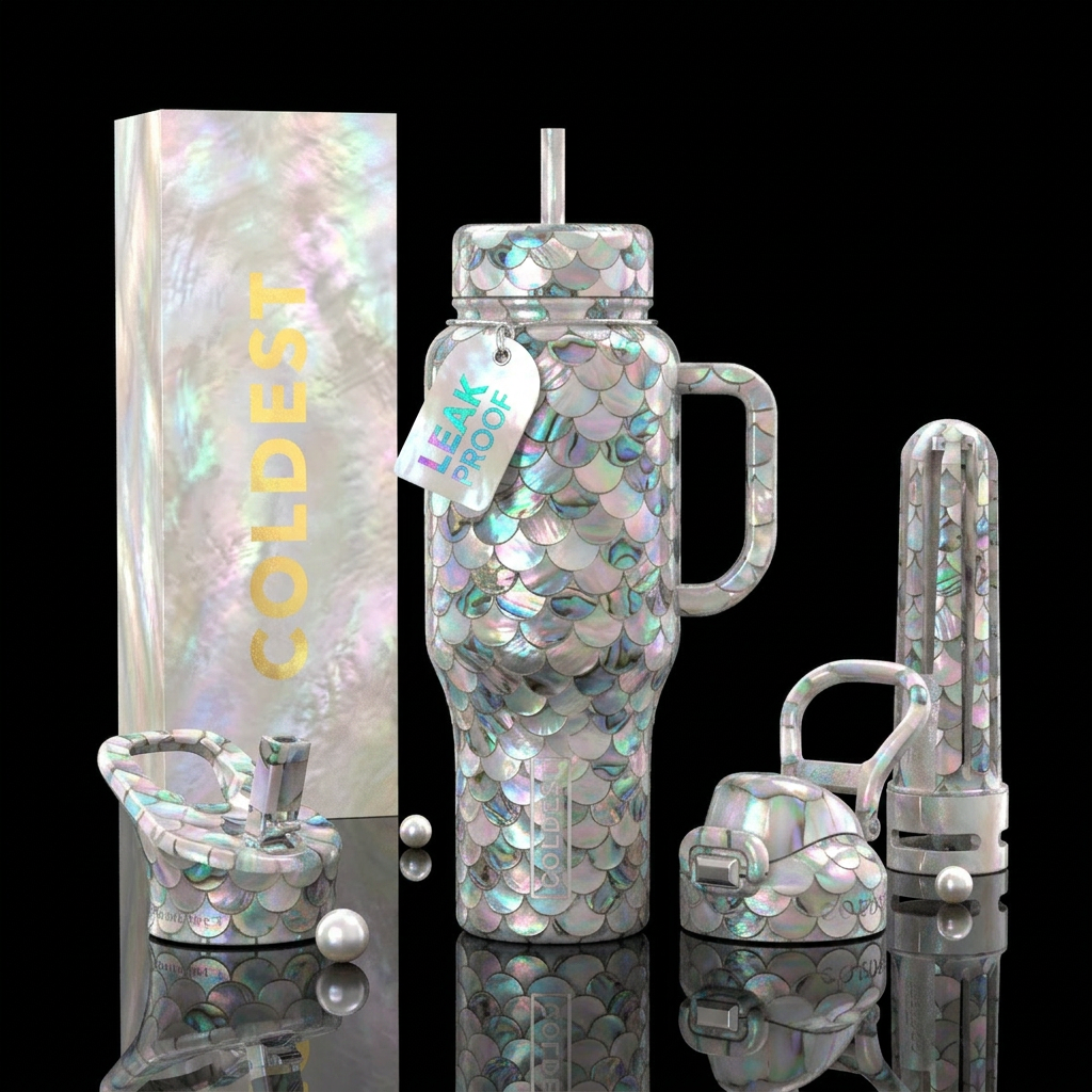 Tumbler is scalloped mother of pearl water bottle design