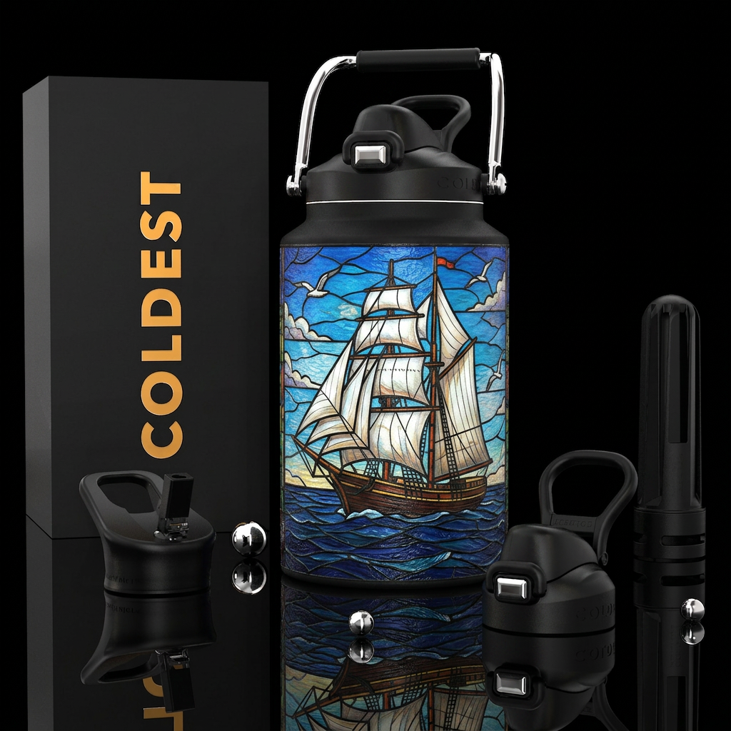 Tumbler is a painting of stained glass schooner on... water bottle design