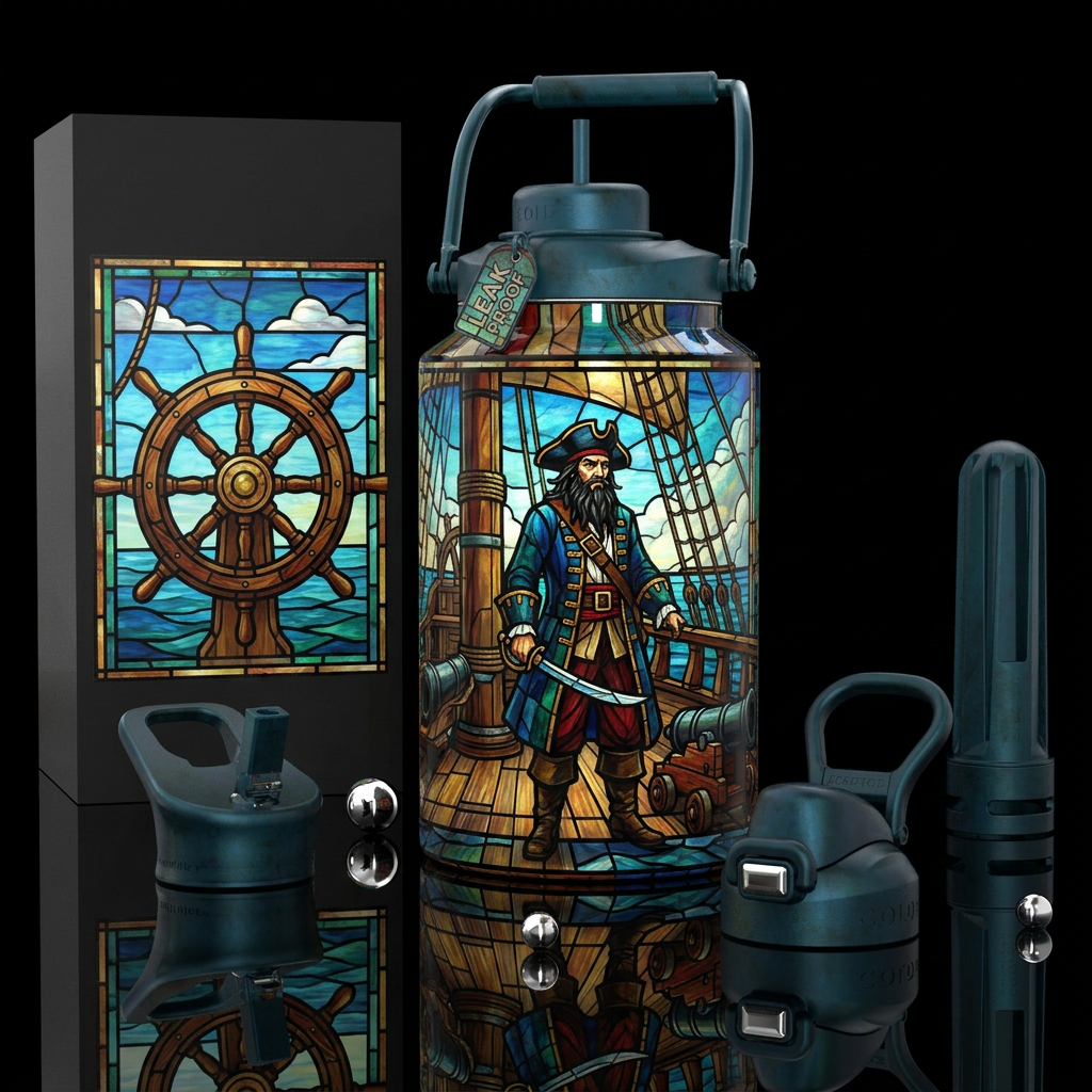 Painting is stained glass of blackbeard on rhe dec... water bottle design