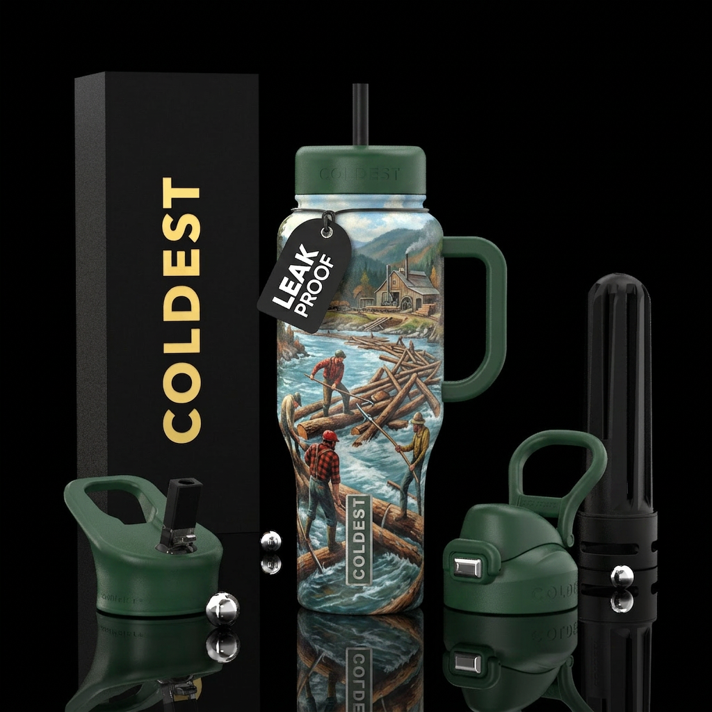 Painting is of loggers riding log jam down river t... water bottle design