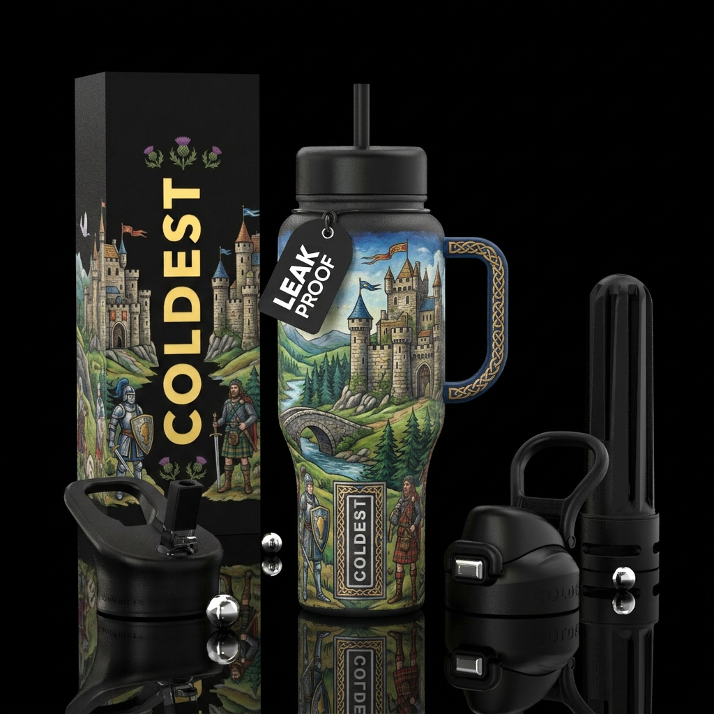 Painting is of mideaval Scotland water bottle design