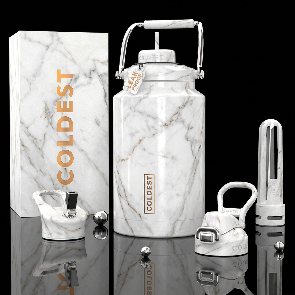 Tumbler is a white marble countertop water bottle design