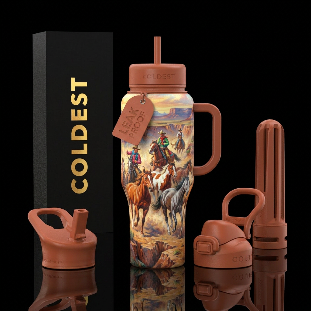 Painting is of cowboys rounding up wild mustangs water bottle design