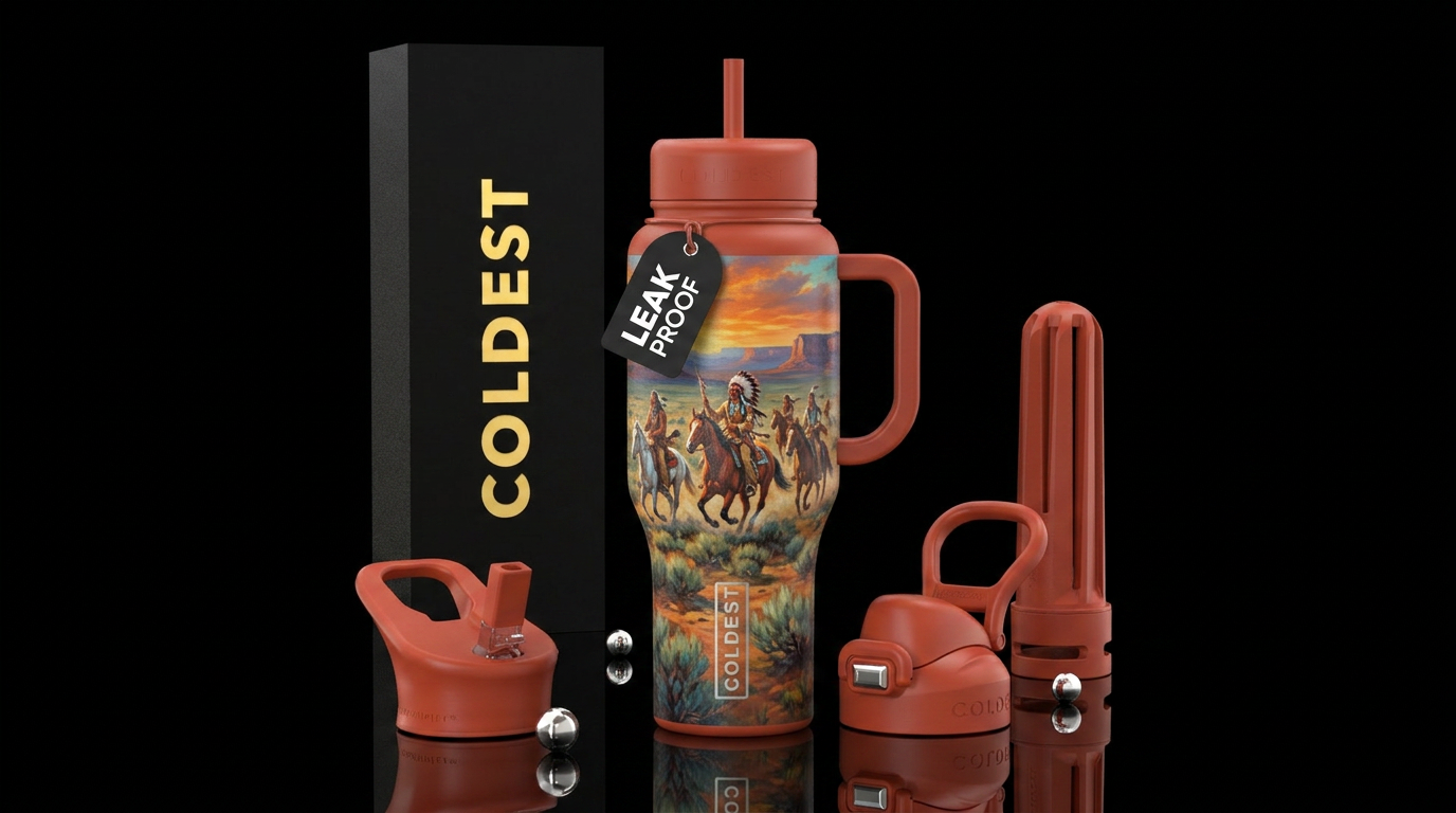 Painting is of native Americans riding horses in t... water bottle design