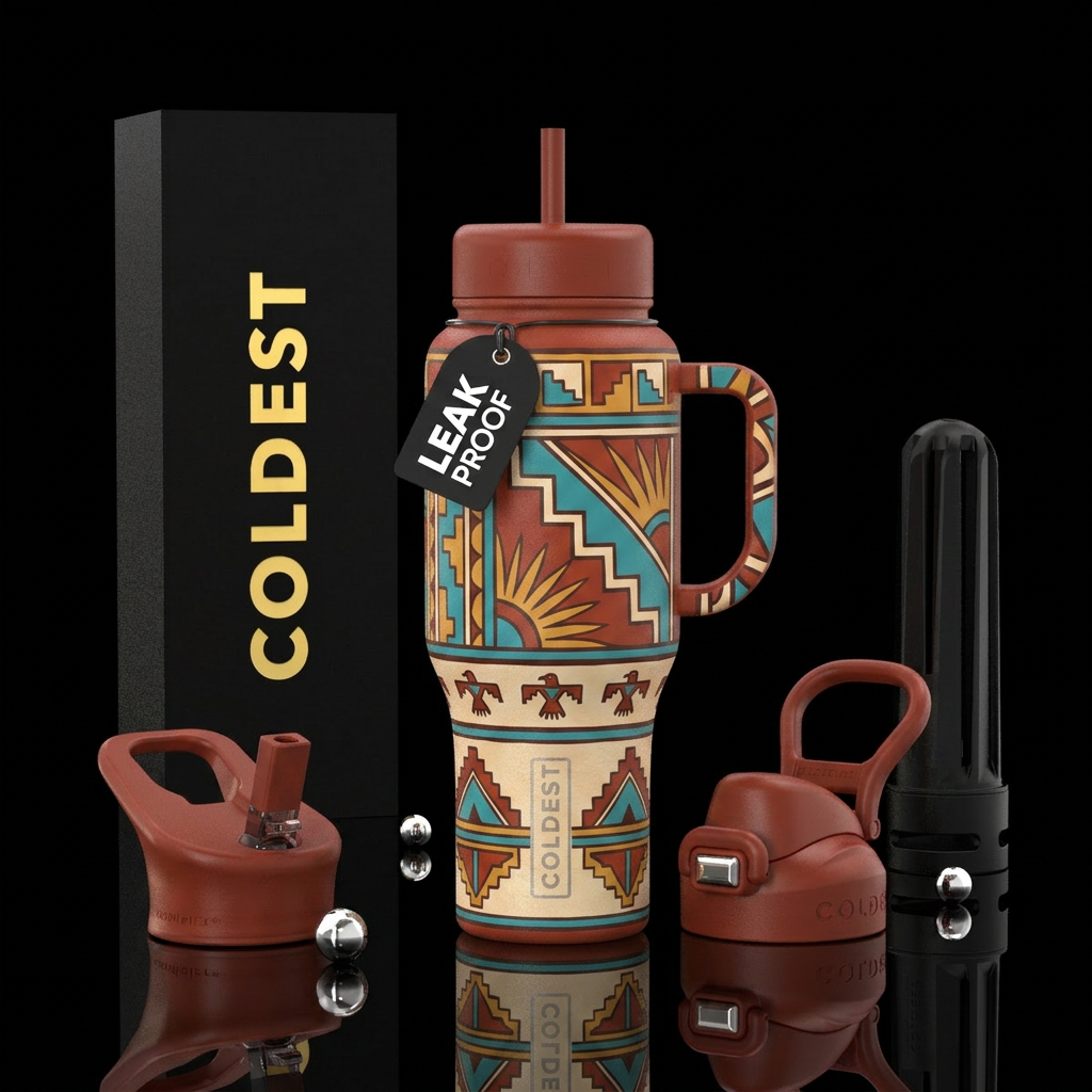 Tumbler is western native American pottery themed water bottle design