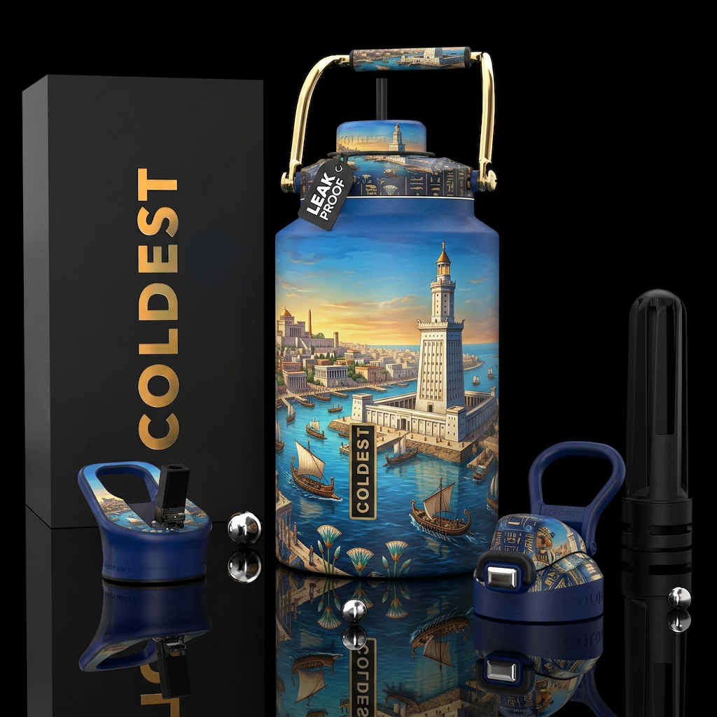 Alexandria Egypt with sail barge and lighthouse at... water bottle design