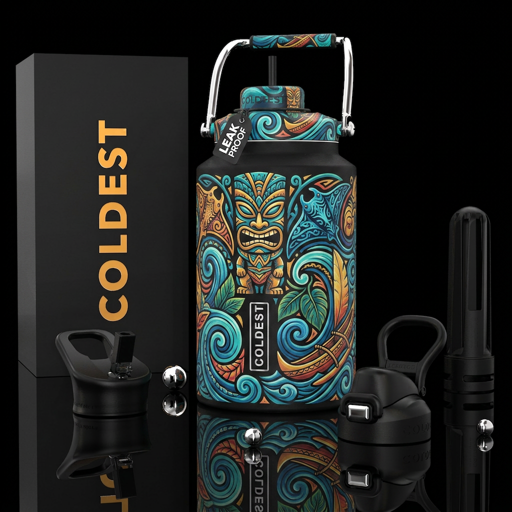 Ancient pacific islander theme water bottle design