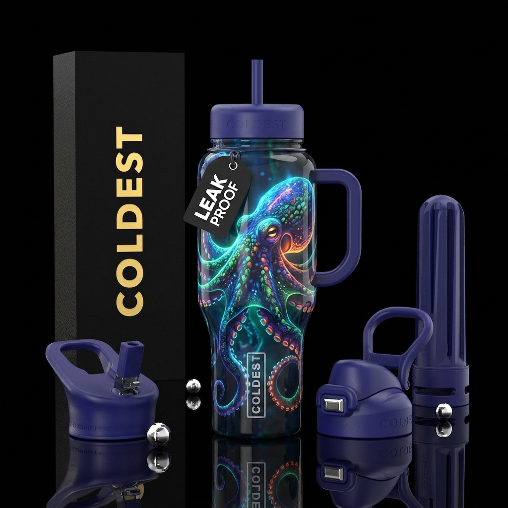 Glowy colorful octopus water bottle design