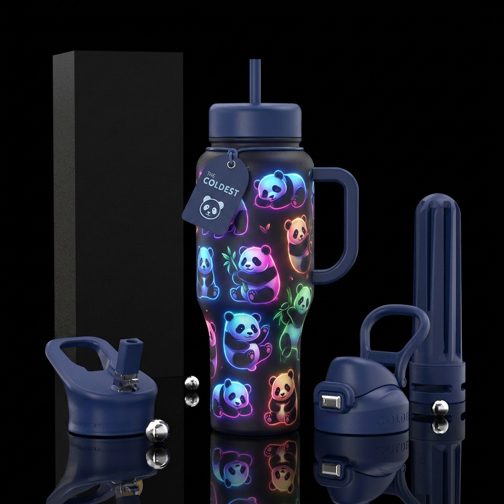 Glowy colorful baby pandas water bottle design