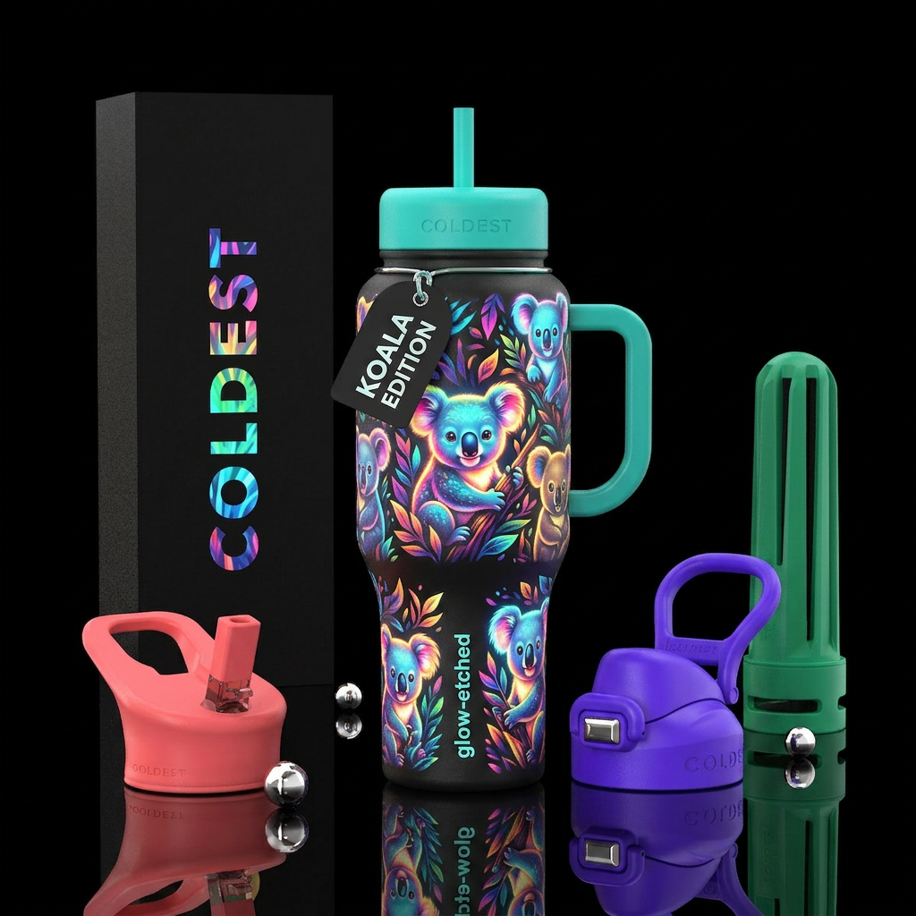 Glowy colorful baby koalas water bottle design