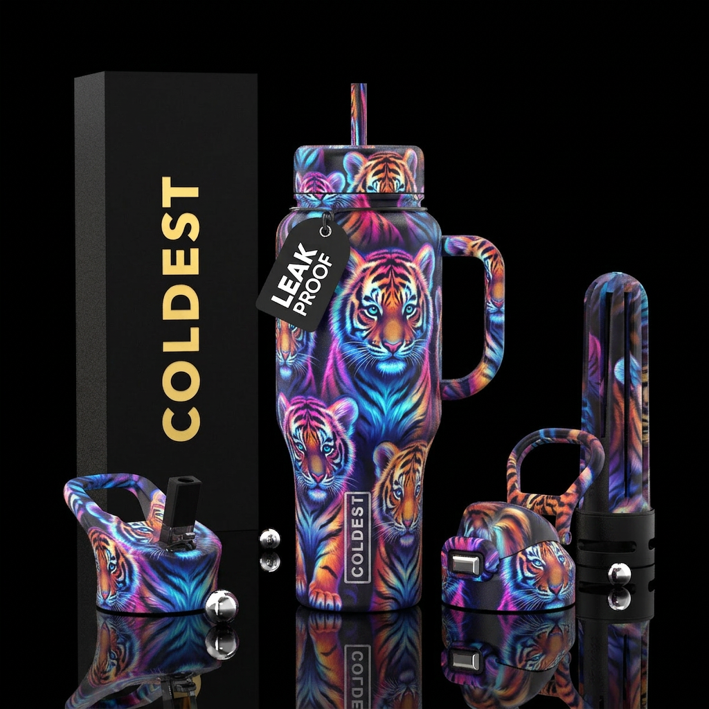 Glowy colorful baby tigers water bottle design