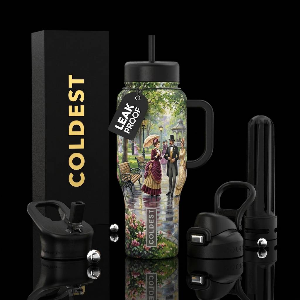 Painting of courtship walk in the park in the 1880... water bottle design