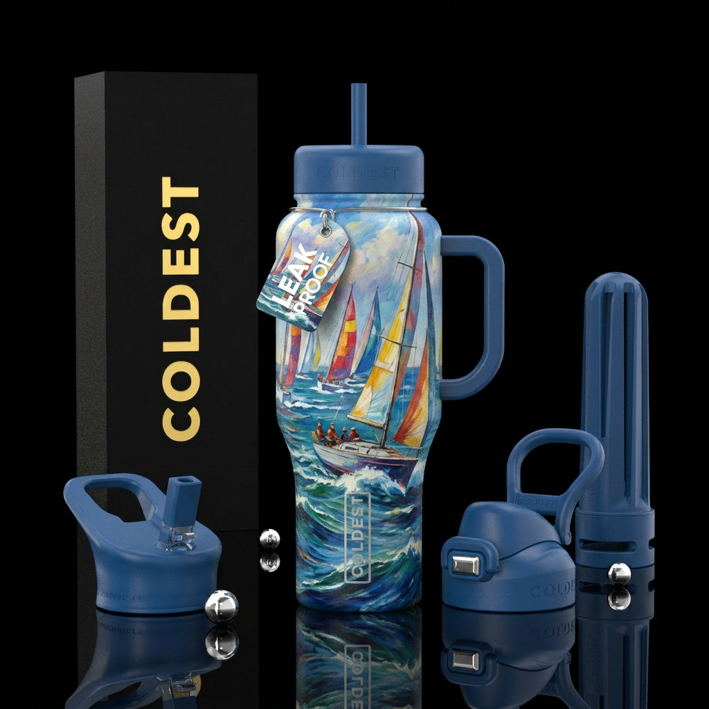Painting of sailboat races water bottle design