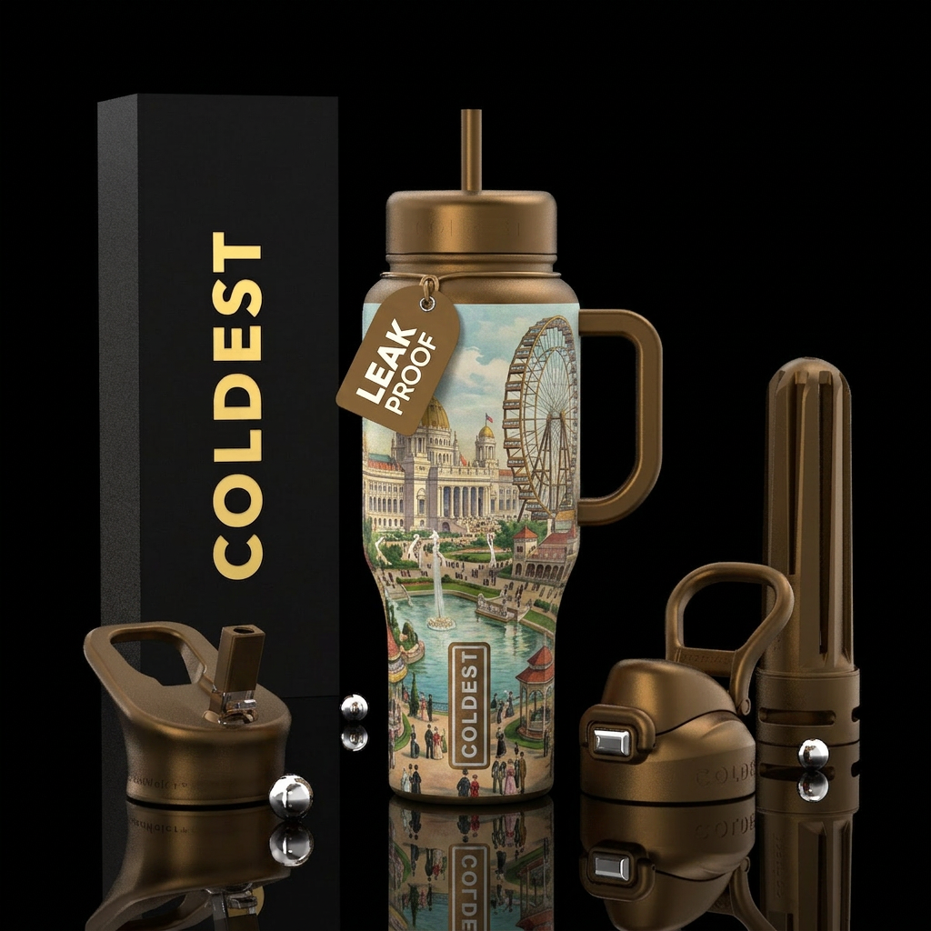 Painting of the turn of the century worlds fair water bottle design