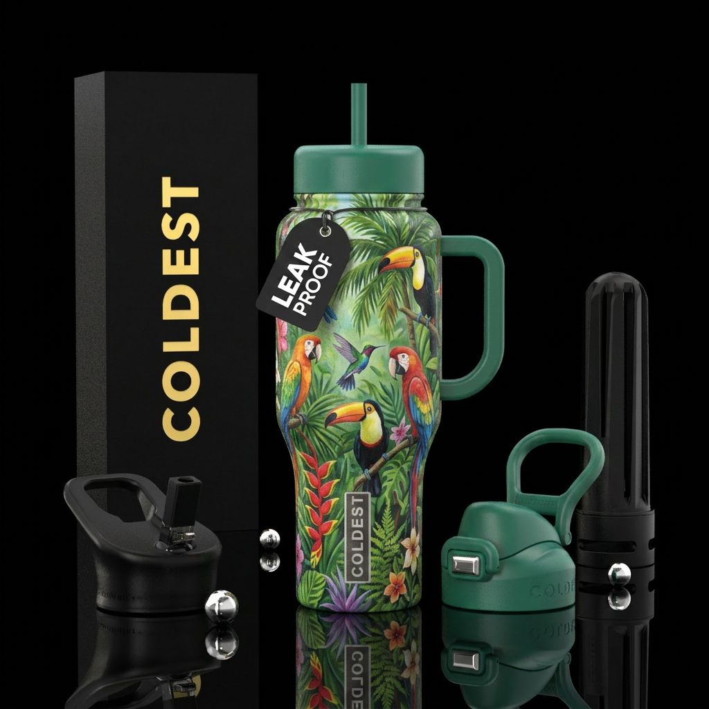 Tumbler is a painting of tropical birds in the jun... water bottle design