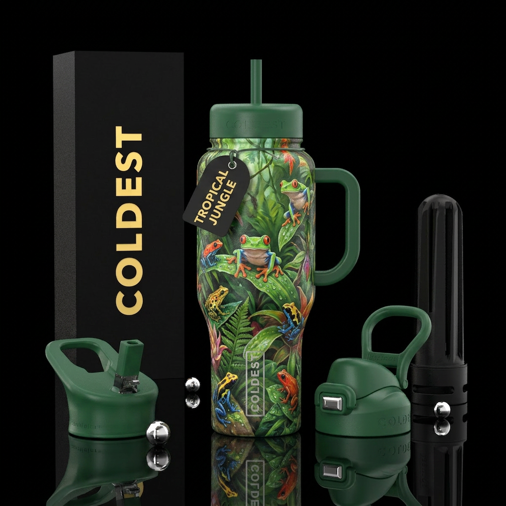 Tumbler is a painting of tropical frogs in the jun... water bottle design