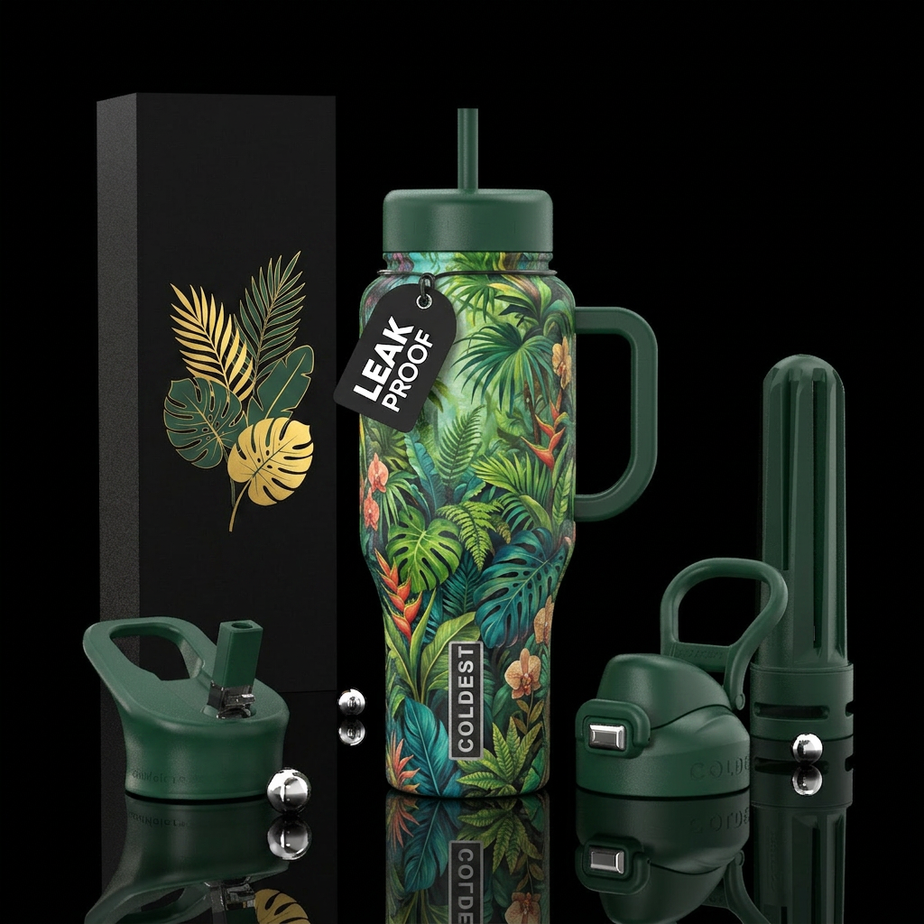 Tumbler is a painting of tropical plants in the ju... water bottle design