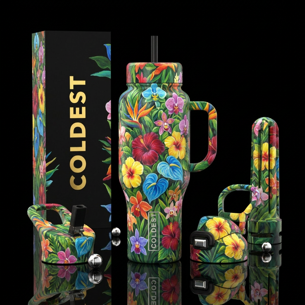Tumbler is a painting of tropical flowers in a fie... water bottle design