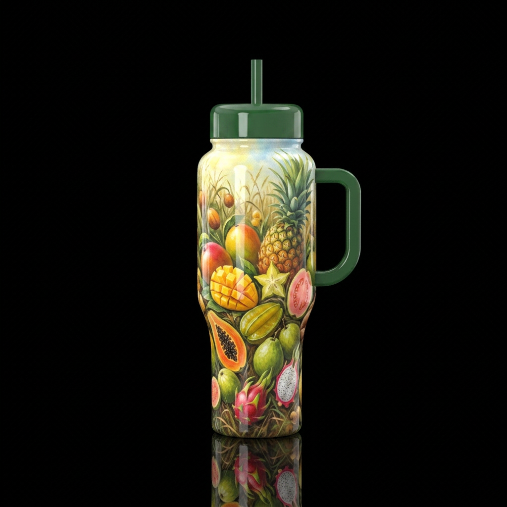 Tumbler is a painting of tropical fruit in a field water bottle design