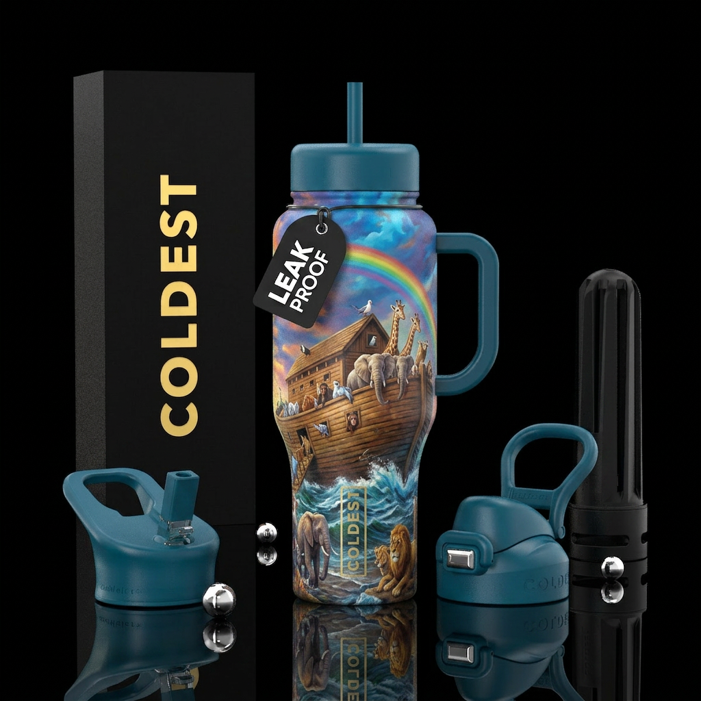 Painting of Noah's ark with animals 2x2 water bottle design